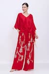 Buy_Dilnaz_Red Linen Embroidery, Pearls Hand Palazzo _at_Aza_Fashions