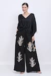 Buy_Dilnaz_Black Satin Tassels V-neck Plain Draped Kaftan _at_Aza_Fashions