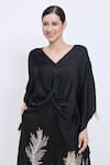 Dilnaz_Black Satin Tassels V-neck Plain Draped Kaftan _Online_at_Aza_Fashions