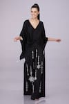 Dilnaz_Black Satin Tassels, Embroidery V-neck Draped Kaftan _Online_at_Aza_Fashions