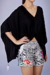 Buy_Dilnaz_Black Satin Tassels, Embroidery V-neck Draped Kaftan _Online_at_Aza_Fashions
