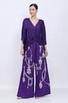 Dilnaz_Purple Satin Tassels V-neck Plain Draped Kaftan _Online_at_Aza_Fashions