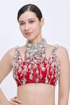 Shop_Dilnaz_Red Net, Polyester, Satin Beads, Pearls, Sequins Halter Hand Embroidered Blouse _at_Aza_Fashions