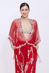 Buy_Dilnaz_Red Net Embroidery, Tassels V-neck Necklace Kaftan _at_Aza_Fashions