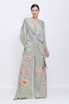 Buy_Dilnaz_Gray Linen Embroidery Chrysanthemum Palazzo _at_Aza_Fashions