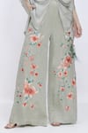 Dilnaz_Gray Linen Embroidery Chrysanthemum Palazzo _Online_at_Aza_Fashions