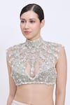 Dilnaz_Gray Net, Polyester Beads, Pearls, Stones V-neck Grid And Hand Embroidered Blouse _Online_at_Aza_Fashions