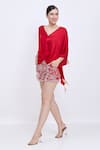 Buy_Dilnaz_Red Satin Sequins, Embroidery V-neck Knotted Kaftan _at_Aza_Fashions
