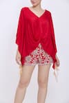 Dilnaz_Red Satin Sequins, Embroidery V-neck Knotted Kaftan _Online_at_Aza_Fashions