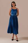 Buy_Indigo Dreams_Blue Silk Scoop Neck Bandhani Gathered Fit And Flare Midi Dress With Belt _at_Aza_Fashions