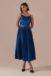 Indigo Dreams_Blue Silk Scoop Neck Bandhani Gathered Fit And Flare Midi Dress With Belt _Online_at_Aza_Fashions