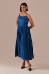 Buy_Indigo Dreams_Blue Silk Scoop Neck Bandhani Gathered Fit And Flare Midi Dress With Belt _Online_at_Aza_Fashions