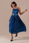 Shop_Indigo Dreams_Blue Silk Scoop Neck Bandhani Gathered Fit And Flare Midi Dress With Belt 