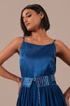 Indigo Dreams_Blue Silk Scoop Neck Bandhani Gathered Fit And Flare Midi Dress With Belt _Online