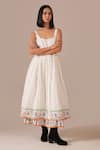 Buy_Indigo Dreams_Ivory Cotton Embroidery Square Neck Handwoven Jamdani Floral Dress With Belt _at_Aza_Fashions