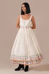 Buy_Indigo Dreams_Ivory Cotton Embroidery Square Neck Handwoven Jamdani Floral Dress With Belt 