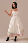 Indigo Dreams_Ivory Cotton Embroidery Square Neck Handwoven Jamdani Floral Dress With Belt _Online