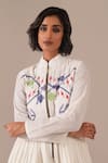Indigo Dreams_Ivory Cotton Embroidery Round Handwoven Jamdani Gathered Dress And Jacket Set _Online_at_Aza_Fashions