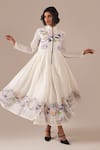 Shop_Indigo Dreams_Ivory Cotton Embroidery Round Handwoven Jamdani Gathered Dress And Jacket Set _Online
