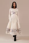 Indigo Dreams_Ivory Cotton Embroidery Round Neck Jamdani Handwoven Tiered Midi Dress  _Online_at_Aza_Fashions