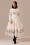 Shop_Indigo Dreams_Ivory Cotton Embroidery Round Neck Jamdani Handwoven Tiered Midi Dress  _Online_at_Aza_Fashions