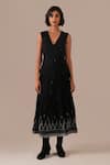 Shop Indigo Dreams Black Cotton Embroidery V-neck Jamdani Tiered Wrap Dress With Belt at Aza Fashions Shop_Indigo Dreams_Black Cotton Embroidery V-neck Jamdani Tiered Wrap Dress With Belt _at_Aza_Fashions