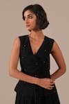 Shop Indigo Dreams Black Cotton Embroidery V-neck Jamdani Tiered Wrap Dress With Belt Online at Aza Fashions Shop_Indigo Dreams_Black Cotton Embroidery V-neck Jamdani Tiered Wrap Dress With Belt _Online_at_Aza_Fashions