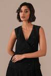 Indigo Dreams Black Cotton Embroidery V-neck Jamdani Tiered Wrap Dress With Belt at Aza Fashions Indigo Dreams_Black Cotton Embroidery V-neck Jamdani Tiered Wrap Dress With Belt _at_Aza_Fashions