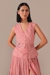 Shop Indigo Dreams Red Cotton Embroidery V-neck Gingham Check Tiered Wrap Dress With Belt Online at Aza Fashions Shop_Indigo Dreams_Red Cotton Embroidery V-neck Gingham Check Tiered Wrap Dress With Belt _Online_at_Aza_Fashions