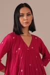 Buy_Indigo Dreams_Fuchsia Cotton V-neck Handwoven Jamdani Polka Dot Tiered Dress _Online_at_Aza_Fashions
