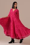 Buy_Indigo Dreams_Fuchsia Cotton V-neck Handwoven Jamdani Polka Dot Tiered Dress _at_Aza_Fashions