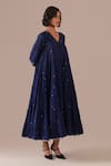 Indigo Dreams Blue Cotton Embroidery V-neck Handwoven Jamdani Gathered Midi Dress Online at Aza Fashions Indigo Dreams_Blue Cotton Embroidery V-neck Handwoven Jamdani Gathered Midi Dress _Online_at_Aza_Fashions
