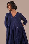Shop Indigo Dreams Blue Cotton Embroidery V-neck Handwoven Jamdani Gathered Midi Dress Online at Aza Fashions Shop_Indigo Dreams_Blue Cotton Embroidery V-neck Handwoven Jamdani Gathered Midi Dress _Online_at_Aza_Fashions
