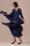 Indigo Dreams Blue Cotton Embroidery V-neck Handwoven Jamdani Gathered Midi Dress at Aza Fashions Indigo Dreams_Blue Cotton Embroidery V-neck Handwoven Jamdani Gathered Midi Dress _at_Aza_Fashions