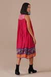 Shop_Indigo Dreams_Pink Cotton Embroidery Halter Neck Jamdani Gathered Midi Dress And Belt Set _at_Aza_Fashions