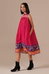 Buy_Indigo Dreams_Pink Cotton Embroidery Halter Neck Jamdani Gathered Midi Dress And Belt Set _Online_at_Aza_Fashions