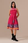 Shop_Indigo Dreams_Pink Cotton Embroidery Halter Neck Jamdani Gathered Midi Dress And Belt Set _Online_at_Aza_Fashions