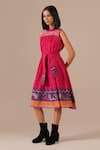 Indigo Dreams_Pink Cotton Embroidery Halter Neck Jamdani Gathered Midi Dress And Belt Set _at_Aza_Fashions