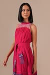 Buy_Indigo Dreams_Pink Cotton Embroidery Halter Neck Jamdani Gathered Midi Dress And Belt Set 
