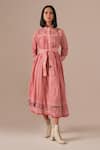 Indigo Dreams_Red Cotton Embroidery Collared Gingham Tiered Shirt Dress With Belt _Online_at_Aza_Fashions