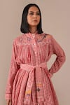 Indigo Dreams_Red Cotton Embroidery Collared Gingham Tiered Shirt Dress With Belt _at_Aza_Fashions
