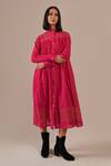 Buy_Indigo Dreams_Pink Cotton Collared, High Neck Handwoven Jamdani Tiered Shirt Dress _at_Aza_Fashions