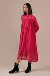 Indigo Dreams_Pink Cotton Collared, High Neck Handwoven Jamdani Tiered Shirt Dress _Online_at_Aza_Fashions