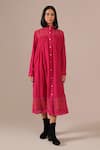 Buy_Indigo Dreams_Pink Cotton Collared, High Neck Handwoven Jamdani Tiered Shirt Dress _Online_at_Aza_Fashions