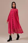 Shop_Indigo Dreams_Pink Cotton Collared, High Neck Handwoven Jamdani Tiered Shirt Dress _Online_at_Aza_Fashions