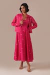 Indigo Dreams_Pink Cotton Embroidery Square Neck, Collared Jamdani Polka Dot Dress With Jacket _Online_at_Aza_Fashions
