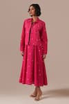Buy_Indigo Dreams_Pink Cotton Embroidery Square Neck, Collared Jamdani Polka Dot Dress With Jacket _Online_at_Aza_Fashions