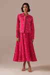Indigo Dreams_Pink Cotton Embroidery Square Neck, Collared Jamdani Polka Dot Dress With Jacket _at_Aza_Fashions