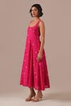 Shop_Indigo Dreams_Pink Cotton Square Neck Jamdani Polka Dot Fit And Flare Midi Dress _at_Aza_Fashions