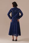 Shop_Indigo Dreams_Blue Cotton Embroidery Square Neck, Collared Jamdani Fit-flare Dress With Jacket _at_Aza_Fashions